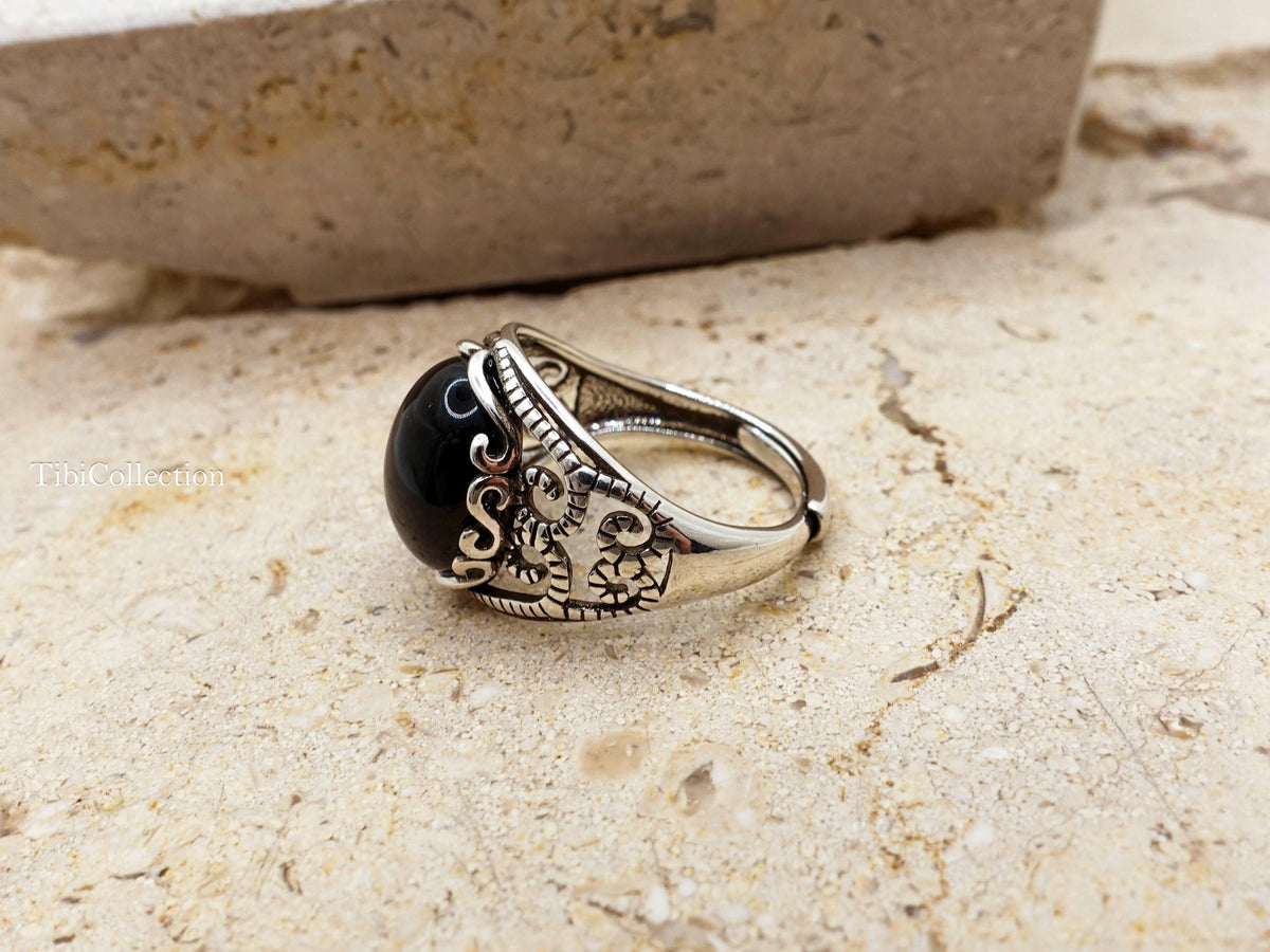 Sterling Silver Natural Black Onyx Ring Adjustable, Vintage Jewelry Gift for Her Him