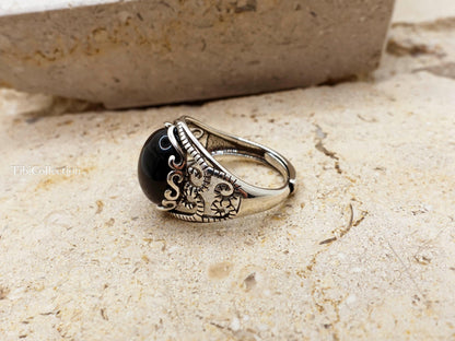 Sterling Silver Natural Black Onyx Ring Adjustable, Vintage Jewelry Gift for Her Him