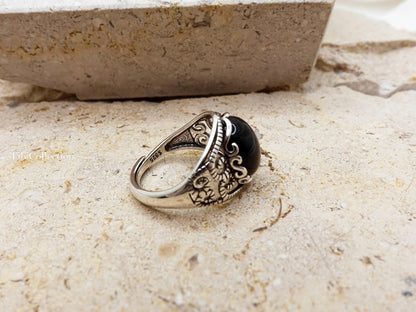 Sterling Silver Natural Black Onyx Ring Adjustable, Vintage Jewelry Gift for Her Him