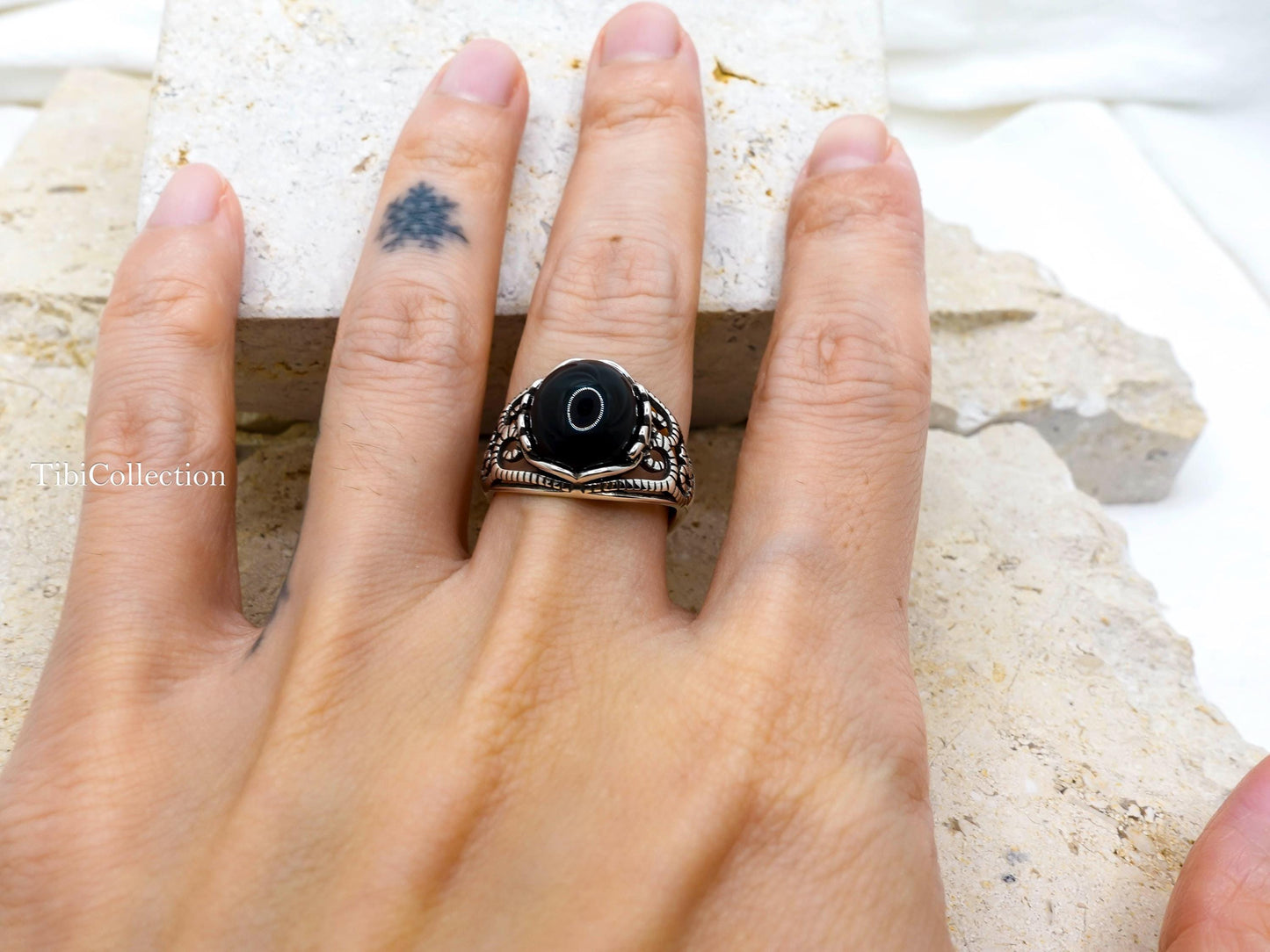 Sterling Silver Natural Black Onyx Ring Adjustable, Vintage Jewelry Gift for Her Him
