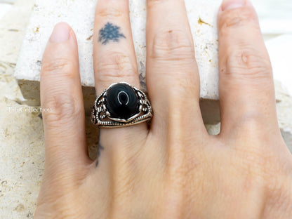 Sterling Silver Natural Black Onyx Ring Adjustable, Vintage Jewelry Gift for Her Him