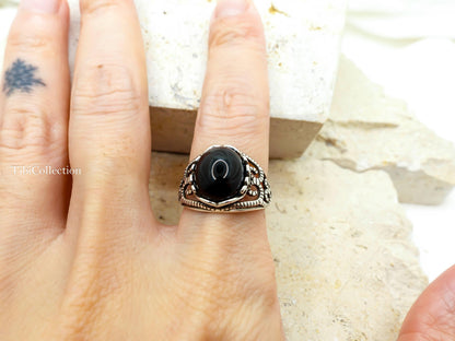 Sterling Silver Natural Black Onyx Ring Adjustable, Vintage Jewelry Gift for Her Him