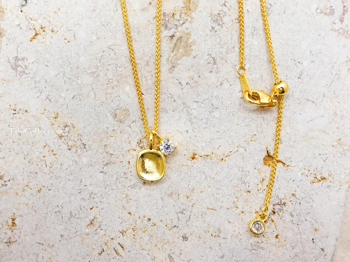 Gold Solitaire Mossanite Double Charm Necklace, Minimalist Jewelry Gift, 20" Adjustable