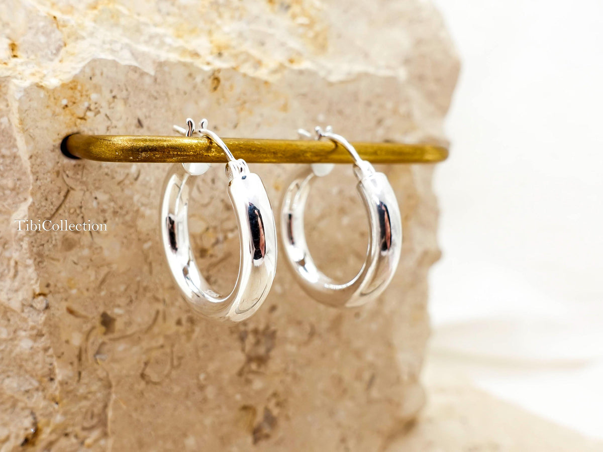 Sterling Silver Hoop Earrings Medium, Classic Everyday Hoops Minimal Jewelry Gift for Her