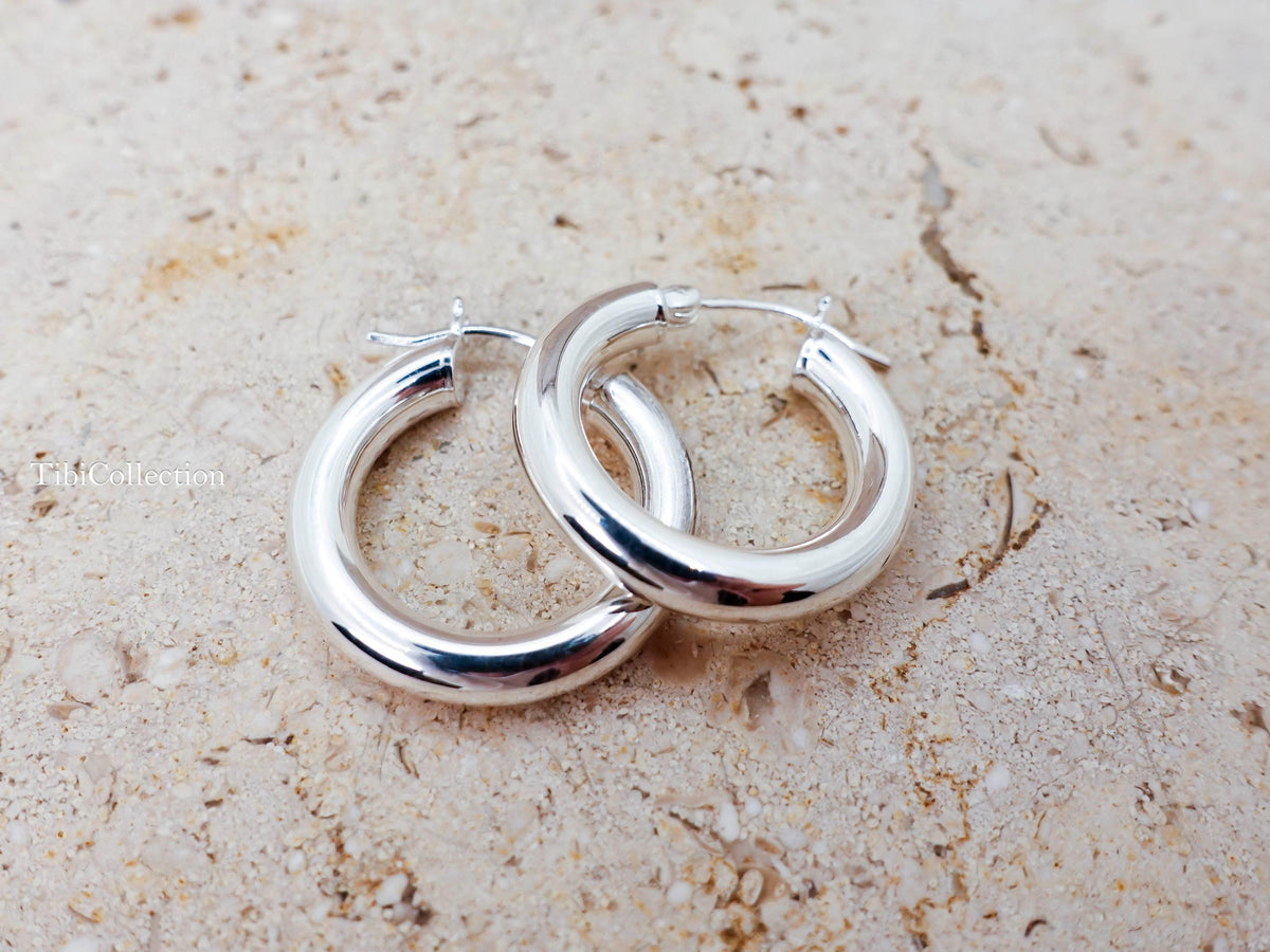 Sterling Silver Hoop Earrings Medium, Classic Everyday Hoops Minimal Jewelry Gift for Her
