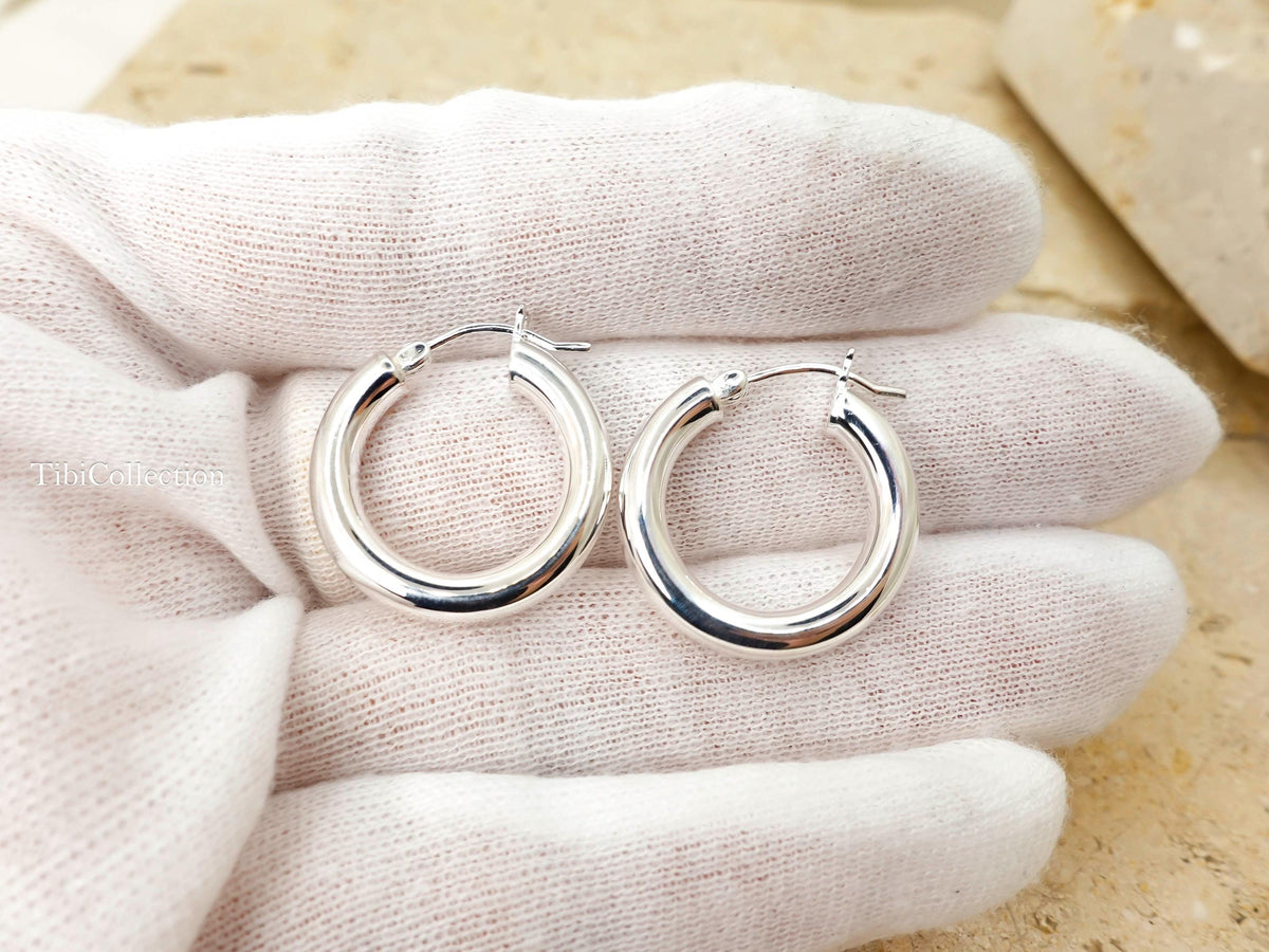 Sterling Silver Hoop Earrings Medium, Classic Everyday Hoops Minimal Jewelry Gift for Her
