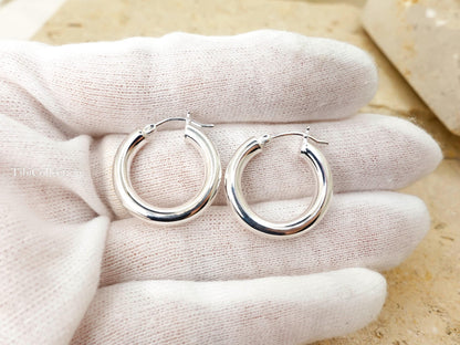Sterling Silver Hoop Earrings Medium, Classic Everyday Hoops Minimal Jewelry Gift for Her