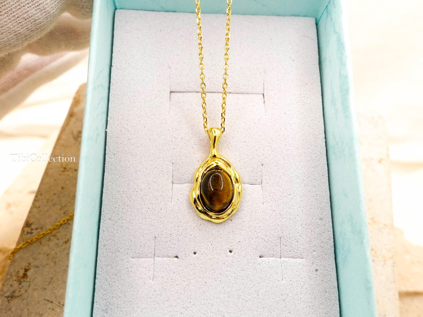 Gold Tiger Eye Necklace Sterling Silver, Oval Brown Gemstone Minimalist Jewelry Gift