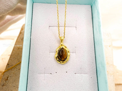Gold Tiger Eye Necklace Sterling Silver, Oval Brown Gemstone Minimalist Jewelry Gift