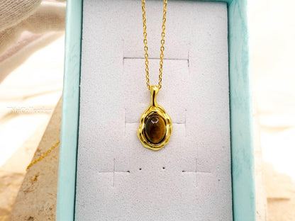 Gold Tiger Eye Necklace Sterling Silver, Oval Brown Gemstone Minimalist Jewelry Gift