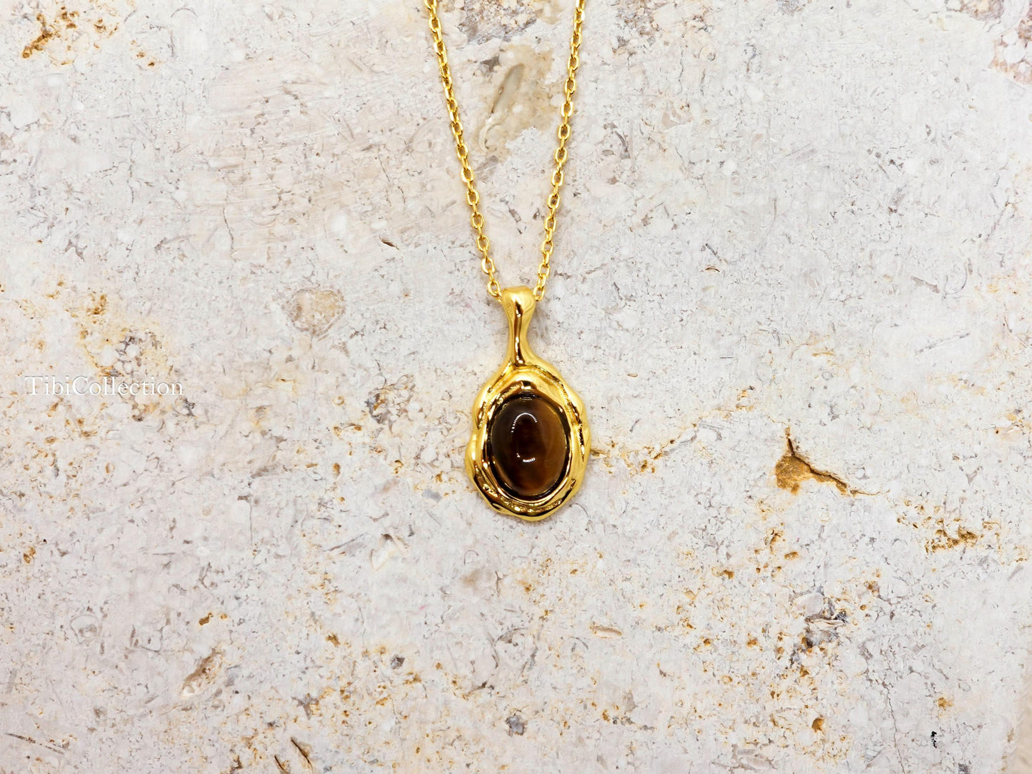 Gold Tiger Eye Necklace Sterling Silver, Oval Brown Gemstone Minimalist Jewelry Gift