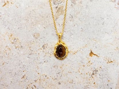 Gold Tiger Eye Necklace Sterling Silver, Oval Brown Gemstone Minimalist Jewelry Gift