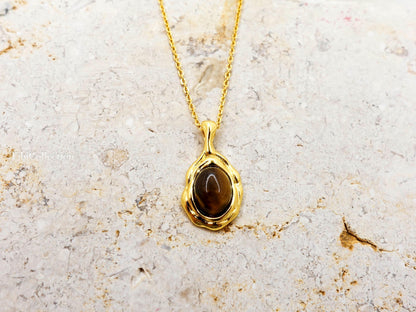 Gold Tiger Eye Necklace Sterling Silver, Oval Brown Gemstone Minimalist Jewelry Gift