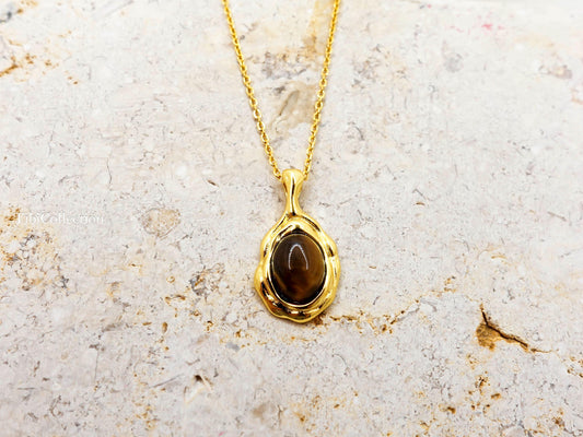 Gold Tiger Eye Necklace Sterling Silver, Oval Brown Gemstone Minimalist Jewelry Gift