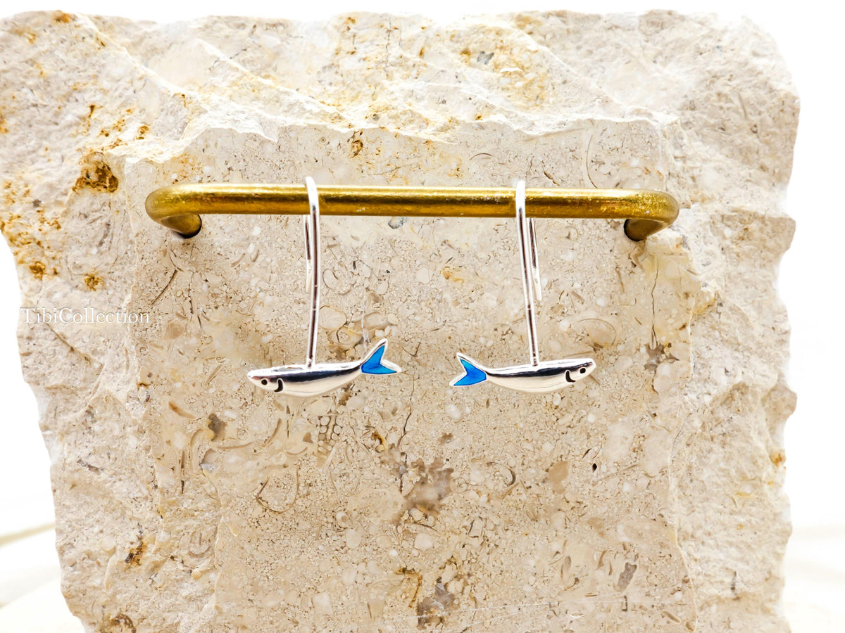 Small Fish Earrings Long  Dangle Sterling Silver, Blue Tail Ocean Jewelry Unisex Gift
