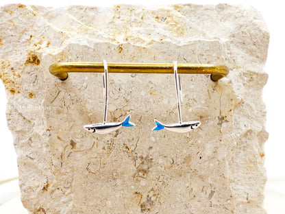 Small Fish Earrings Long  Dangle Sterling Silver, Blue Tail Ocean Jewelry Unisex Gift