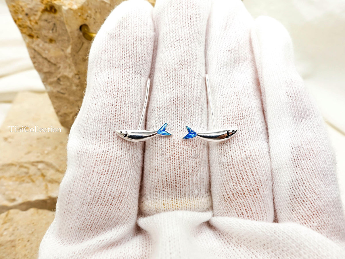Small Fish Earrings Long  Dangle Sterling Silver, Blue Tail Ocean Jewelry Unisex Gift