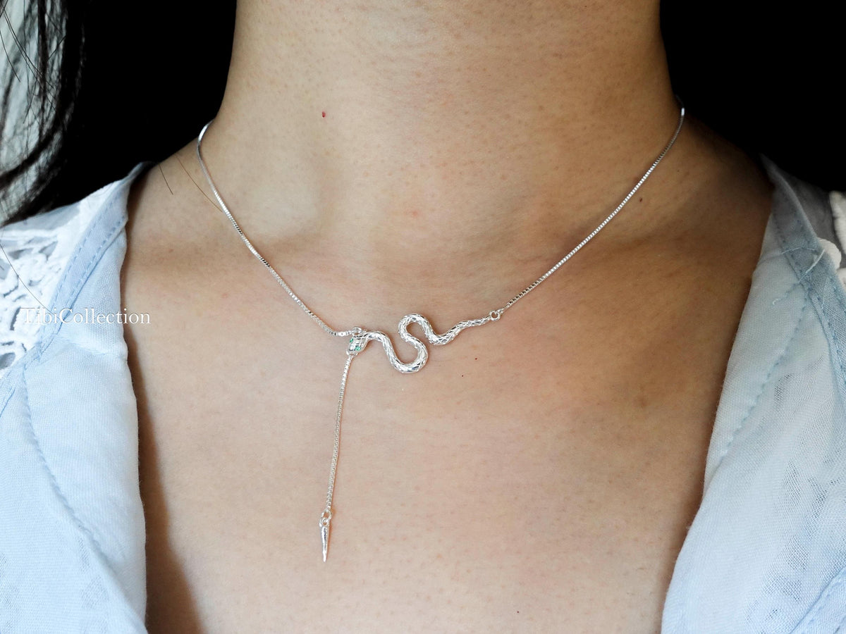 Sterling Silver Snake Necklace Adjustable Chain, Snake Jewelry For Her Mom Sister