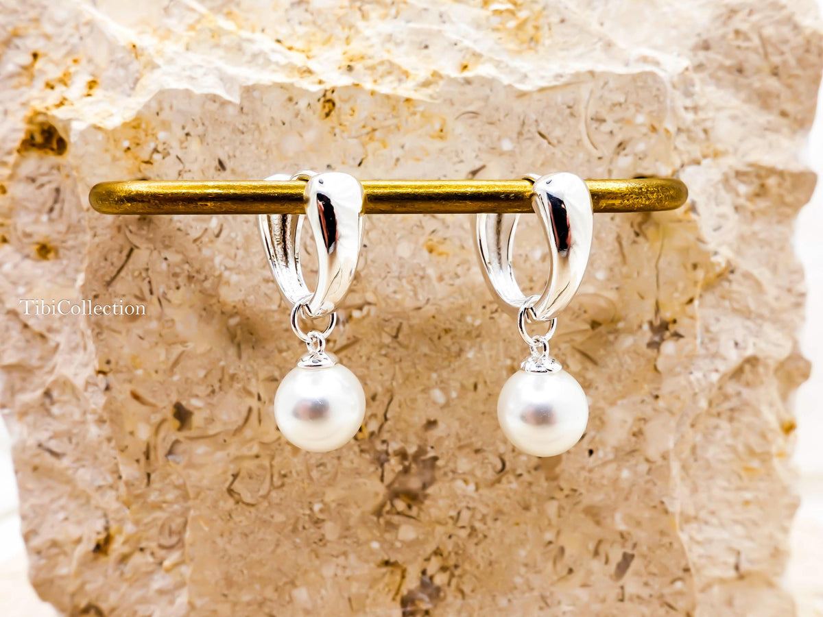 Sterling Silver Pearl Hoop Earrings, Huggie Hoops with Pearl Drop Gift for Her
