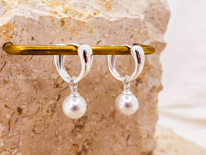 Sterling Silver Pearl Hoop Earrings, Huggie Hoops with Freshwater Pearl Drop Gift for Her