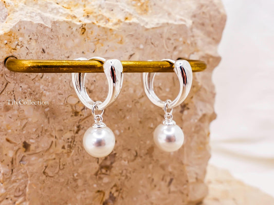 Sterling Silver Pearl Hoop Earrings, Huggie Hoops with Freshwater Pearl Drop Gift for Her