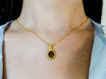 Gold Tiger Eye Necklace Sterling Silver, Oval Brown Gemstone Minimalist Jewelry Gift