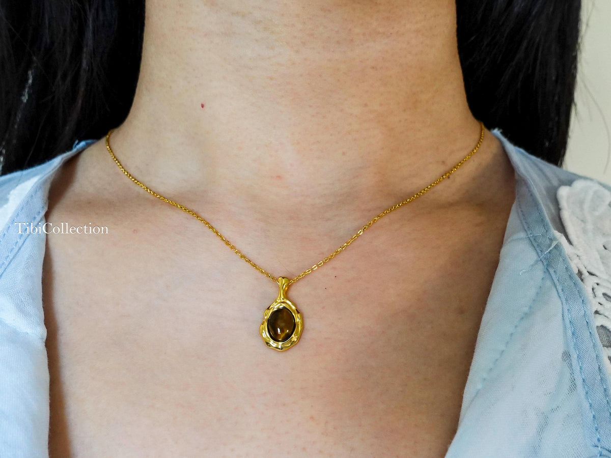 Gold Tiger Eye Necklace Sterling Silver, Oval Brown Gemstone Minimalist Jewelry Gift