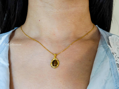 Gold Tiger Eye Necklace Sterling Silver, Oval Brown Gemstone Minimalist Jewelry Gift