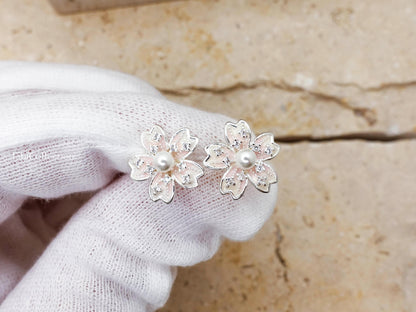 Sterling Silver Cherry Blossom Earrings, Pearl Flower Studs Jewelry Gift for Her