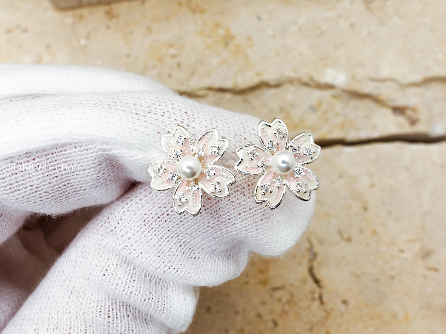 Sterling Silver Cherry Blossom Earrings, Pearl Flower Studs Jewelry Gift for Her