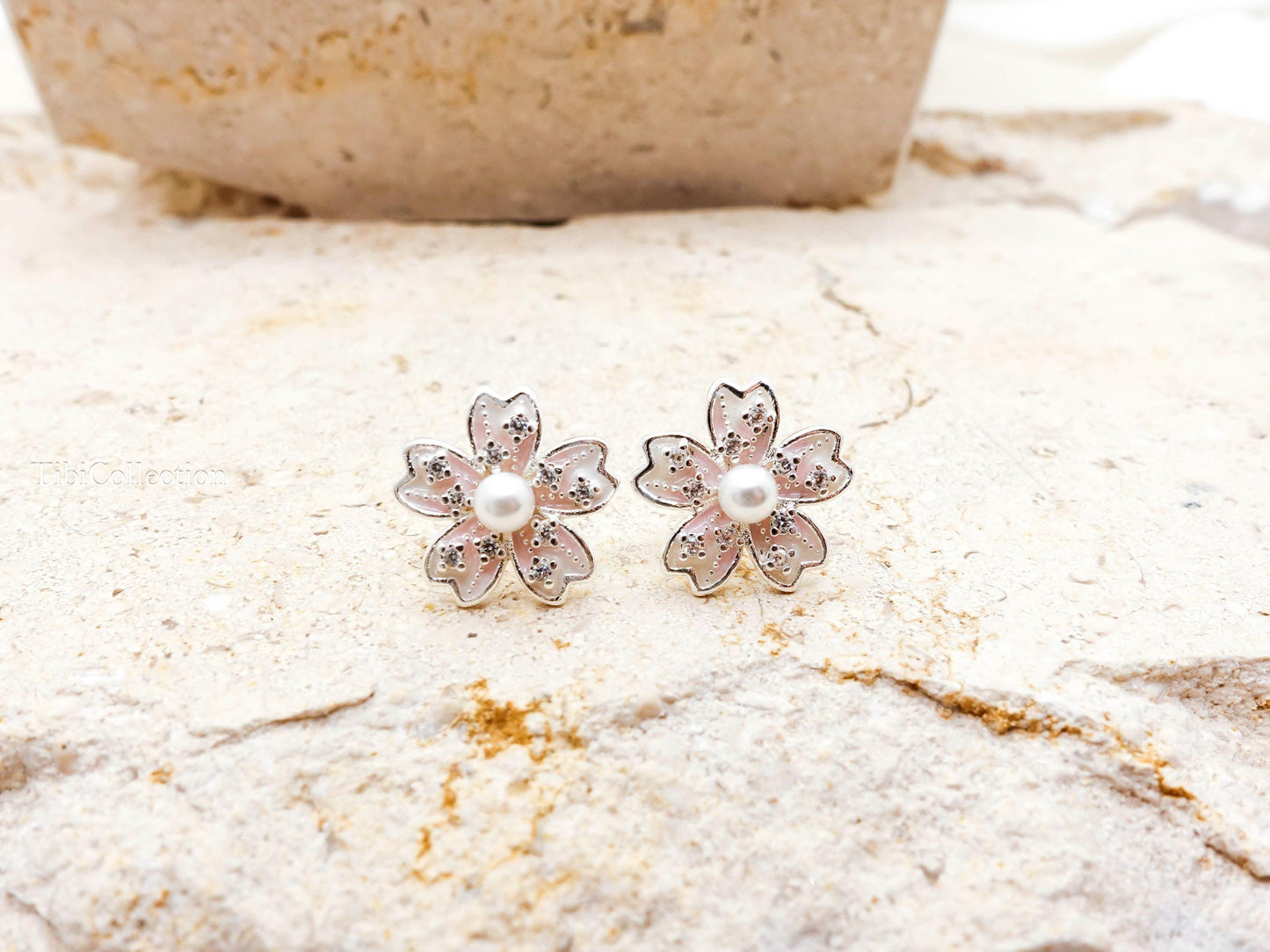 Sterling Silver Cherry Blossom Earrings, Pearl Flower Studs Jewelry Gift for Her
