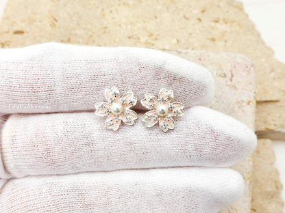 Sterling Silver Cherry Blossom Earrings, Pearl Flower Studs Jewelry Gift for Her