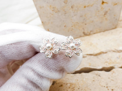 Sterling Silver Cherry Blossom Earrings, Pearl Flower Studs Jewelry Gift for Her