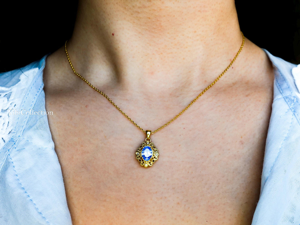Vintage Blue Topaz Necklace Gold Filled Sterling Silver, December Birthstone Gift for Her