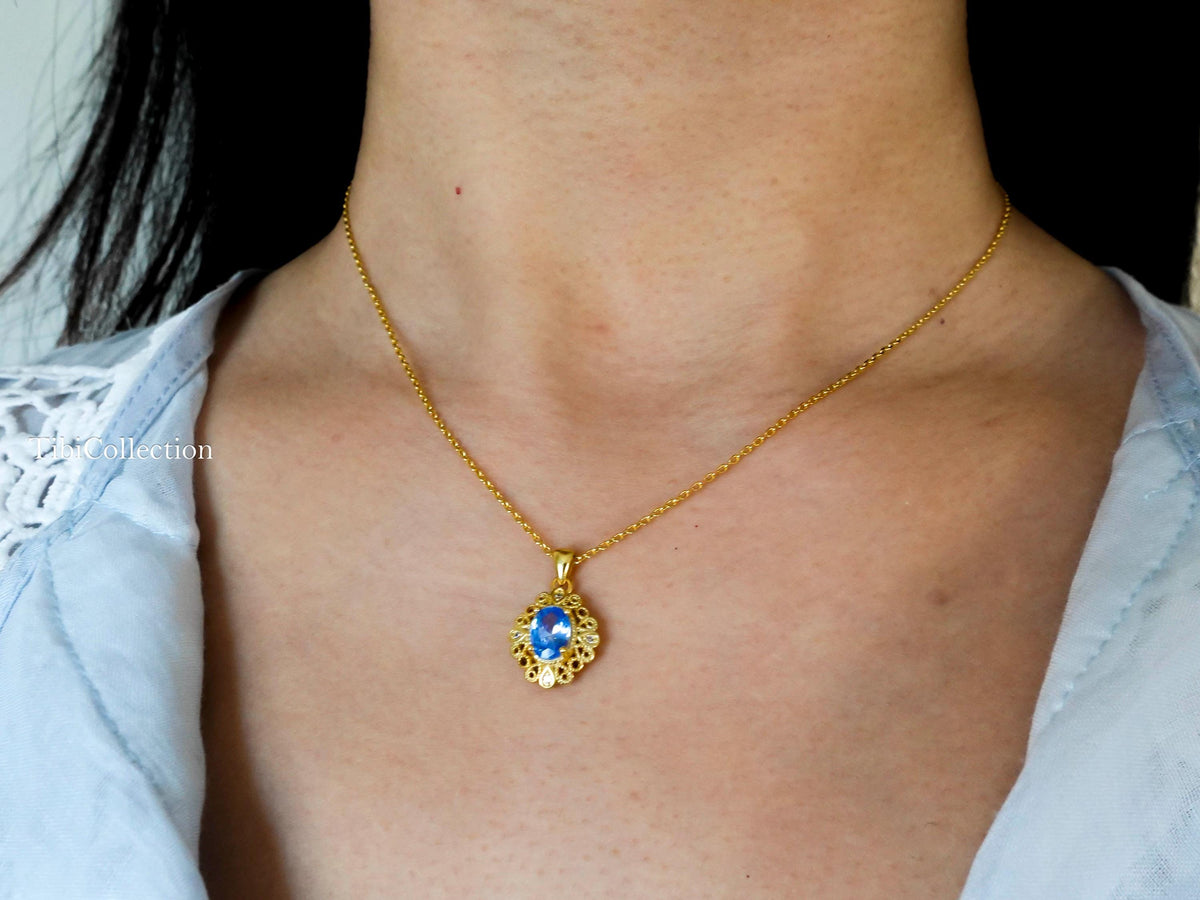 Vintage Blue Topaz Necklace Gold Filled Sterling Silver, December Birthstone Gift for Her
