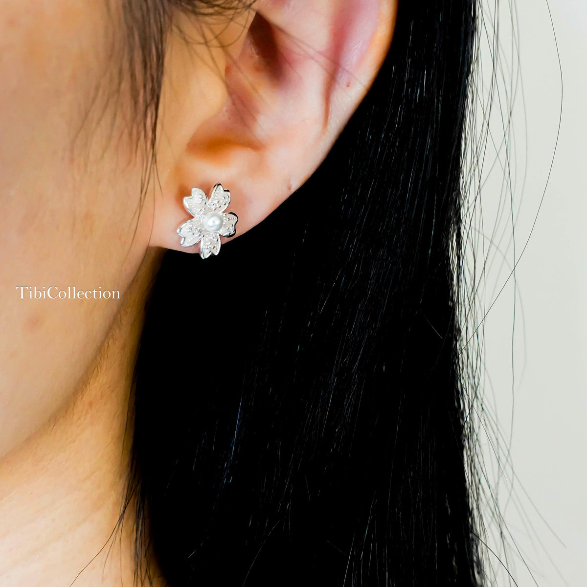 Sterling Silver Cherry Blossom Earrings, Pearl Flower Studs Jewelry Gift for Her