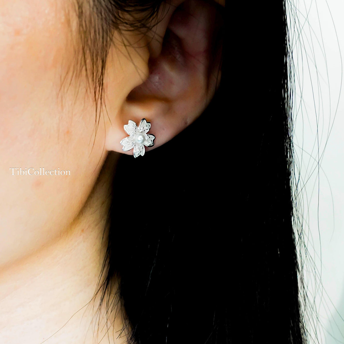 Sterling Silver Cherry Blossom Earrings, Pearl Flower Studs Jewelry Gift for Her