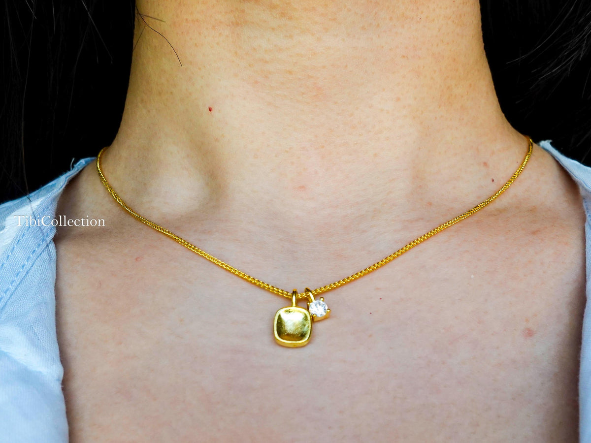 Gold Solitaire Mossanite Double Charm Necklace, Minimalist Jewelry Gift, 20" Adjustable