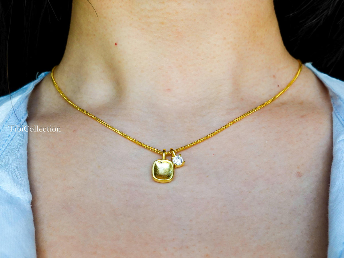 Gold Solitaire Mossanite Double Charm Necklace, Minimalist Jewelry Gift, 20" Adjustable