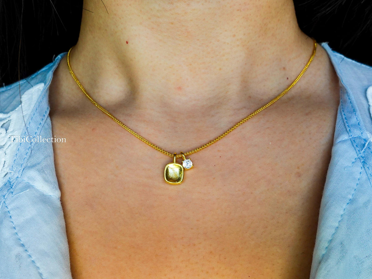 Gold Solitaire Mossanite Double Charm Necklace, Minimalist Jewelry Gift, 20" Adjustable