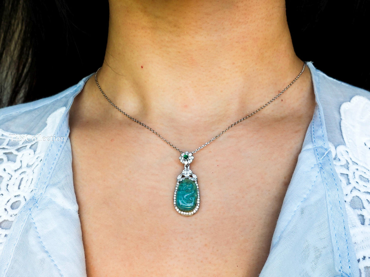 Sterling Silver Jade Necklace with Moissanite Emerald Gift for Mom