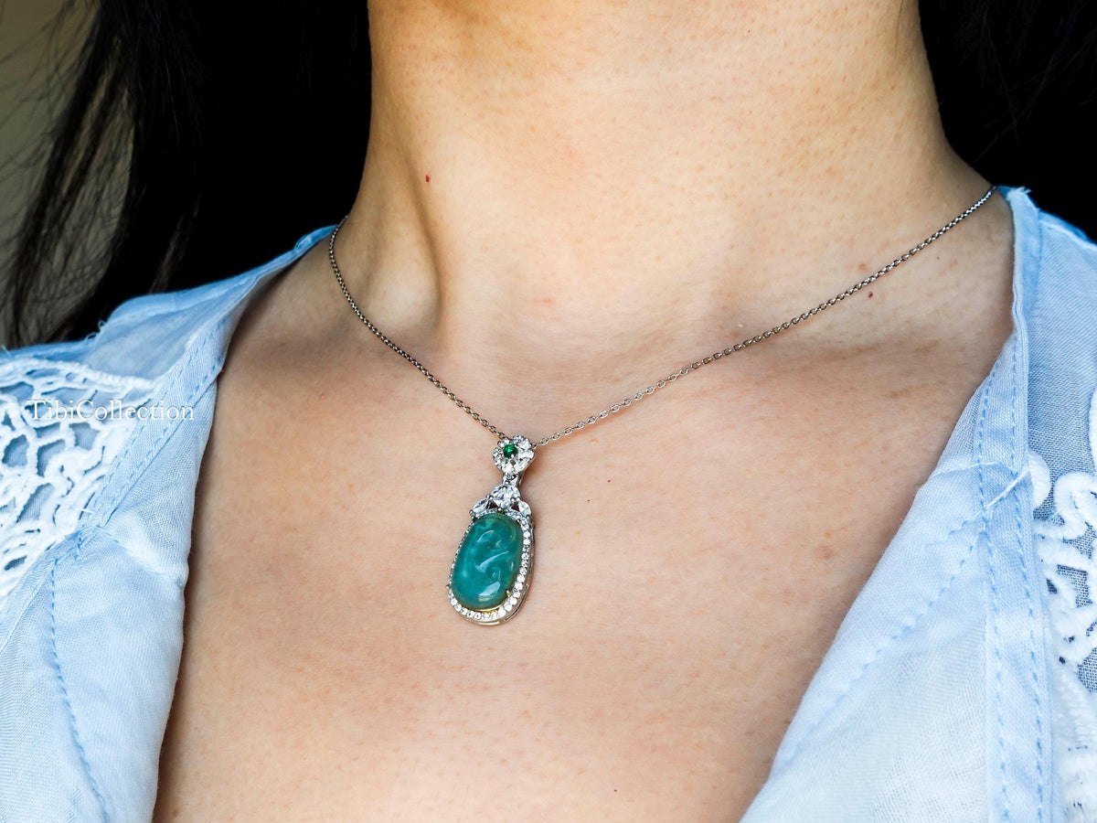 Sterling Silver Jade Necklace with Moissanite Emerald Gift for Mom