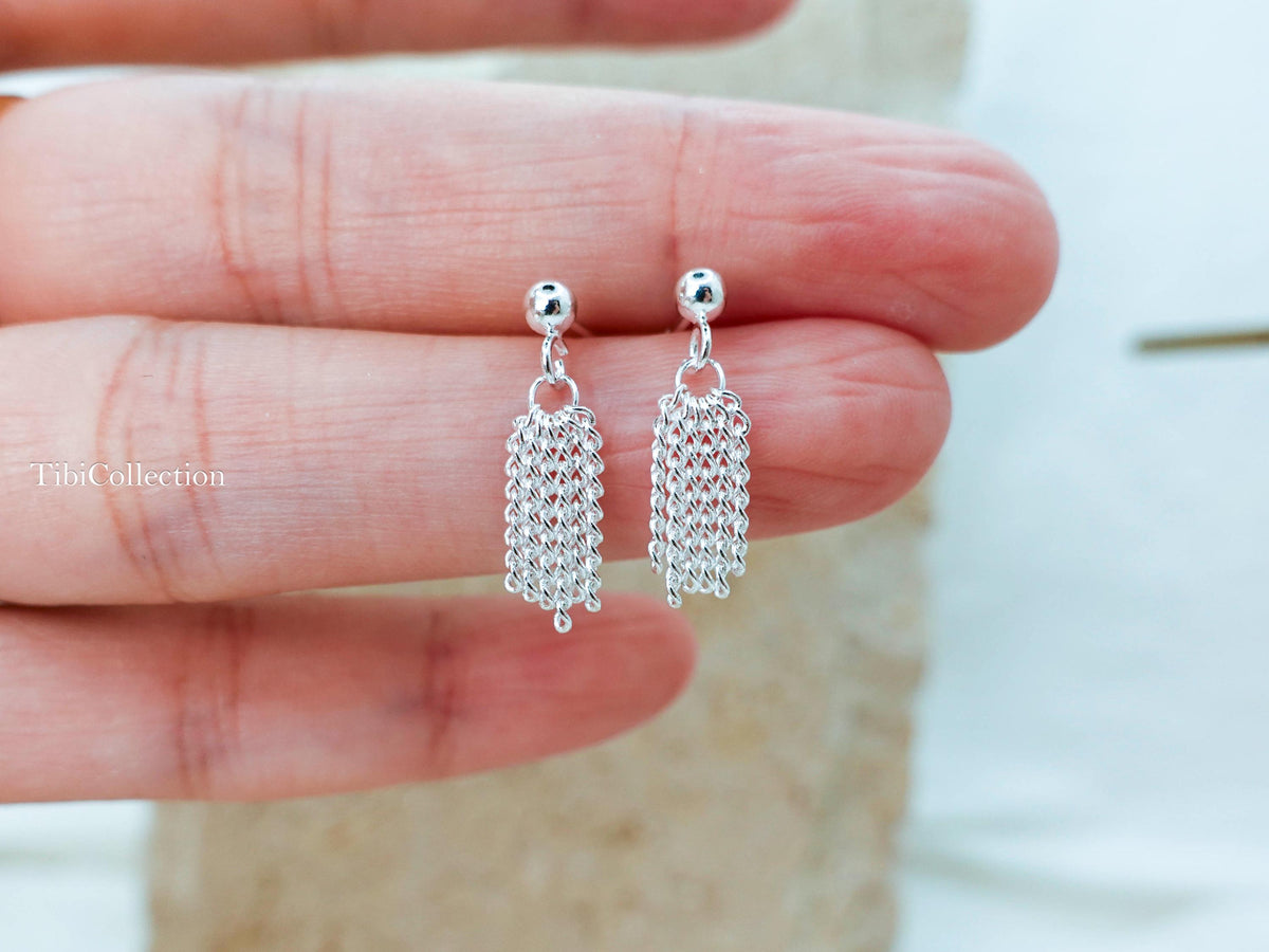 Sterling Silver Tassel Stud Earrings, Dainty Fringe Cartilage Helix Tragus Earrings, Everyday Jewelry Gift