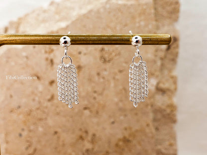 Sterling Silver Tassel Stud Earrings, Dainty Fringe Cartilage Helix Tragus Earrings, Everyday Jewelry Gift