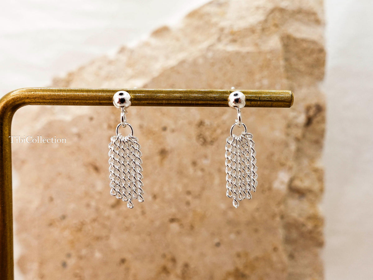 Sterling Silver Tassel Stud Earrings, Dainty Fringe Cartilage Helix Tragus Earrings, Everyday Jewelry Gift