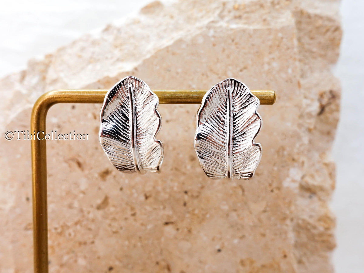 Sterling Silver Leaf Stud Earrings, Feather Earrings Everyday Jewelry Gift for Her Mom Sis