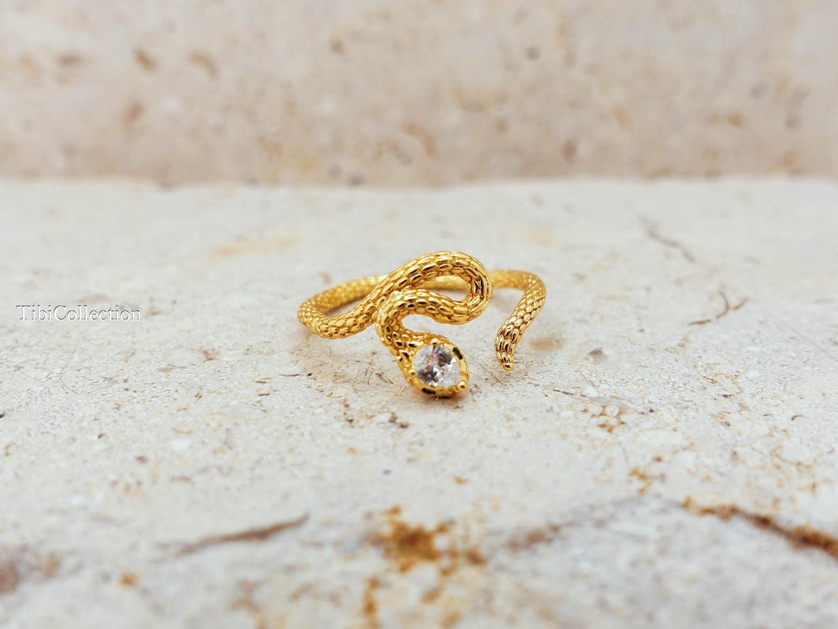 Gold Snake Ring Adjustable Sterling Silver. CZ Diamond Serpent. Promise Ring Gift for Her
