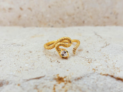 Gold Snake Ring Adjustable Sterling Silver. CZ Diamond Serpent. Promise Ring Gift for Her