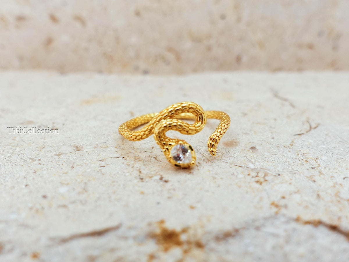 Gold Snake Ring Adjustable Sterling Silver. CZ Diamond Serpent. Promise Ring Gift for Her