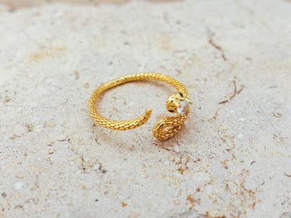 Gold Snake Ring Adjustable Sterling Silver. CZ Diamond Serpent. Promise Ring Gift for Her